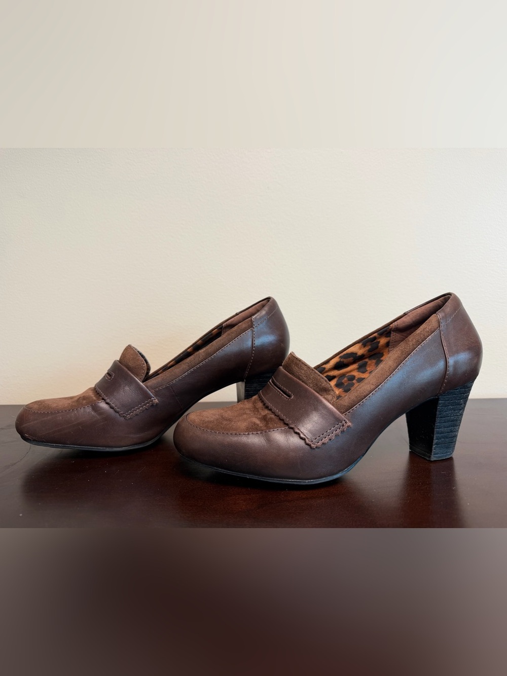 Clarks Brown Leather Suede Penny Loafers with Leopard Lining